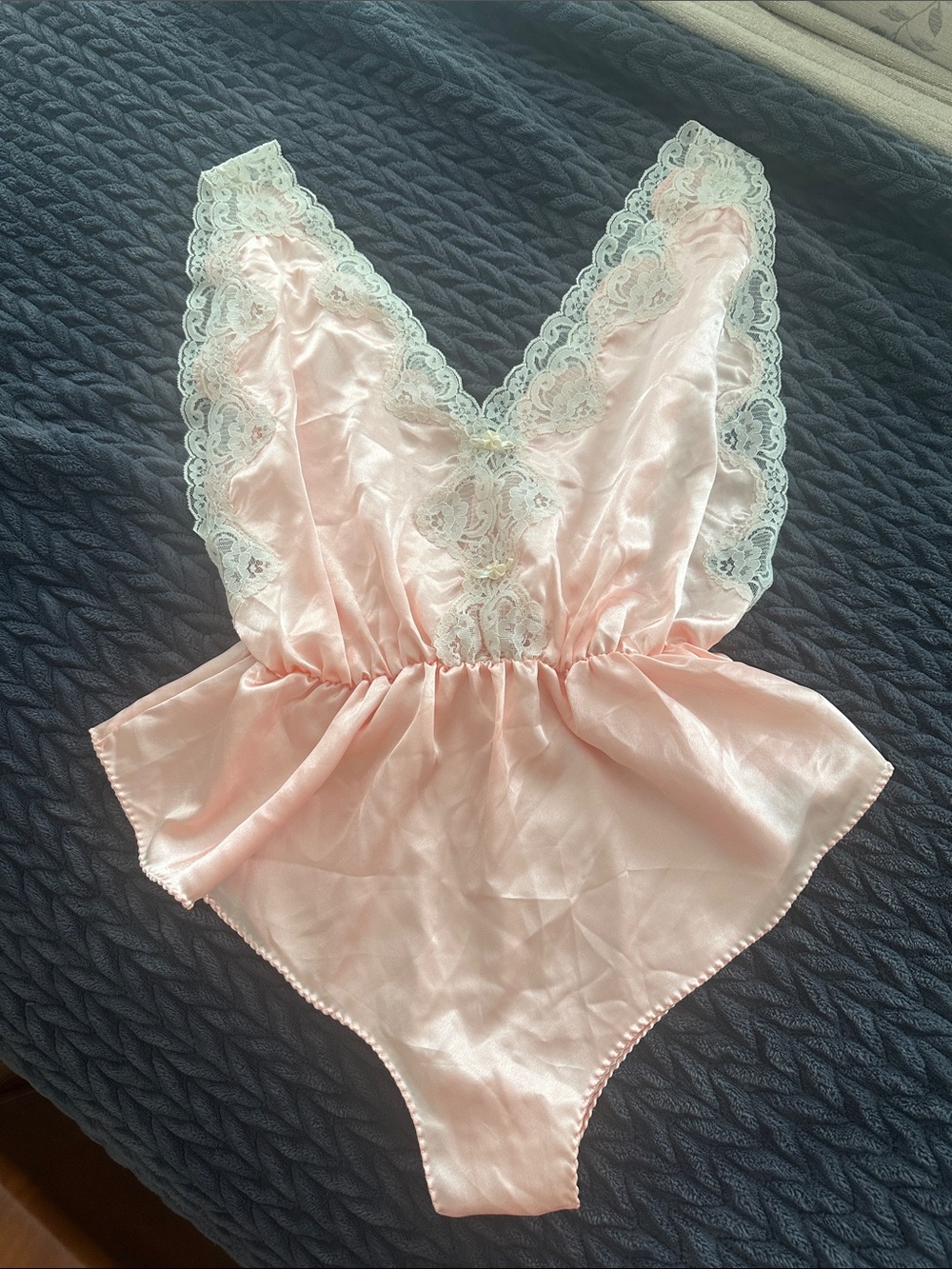 Women's Pink Lace-Trim Satin Bodysuit